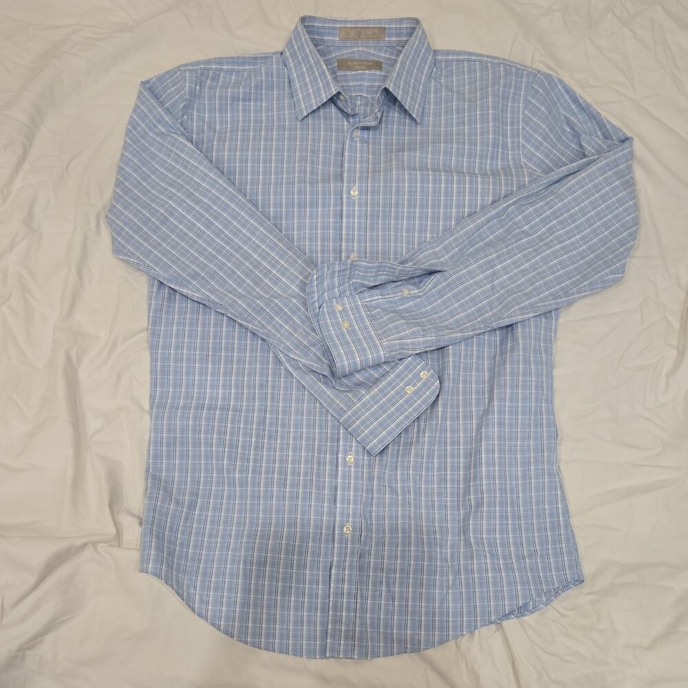 Nordstrom Trim Fit Wrinkle-Free Plaid Blue Cotton Dress Shirt 16 34/35 Men